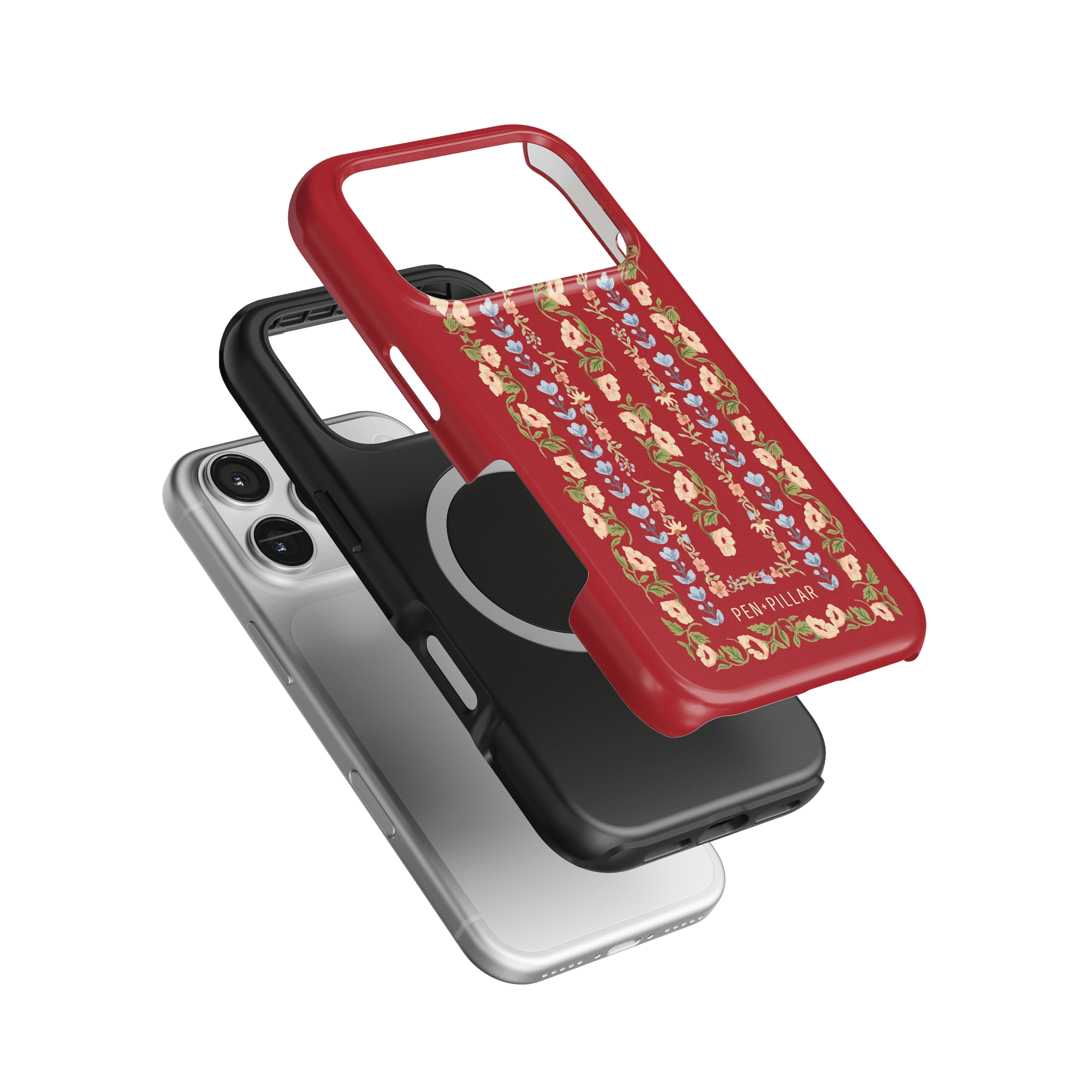 Fiona iPhone case featuring a red floral design, stacked with a black and a clear case on a green background.