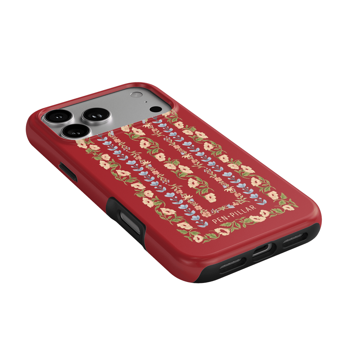 Fiona iPhone case featuring a red background with floral patterns and cutouts for camera and ports.