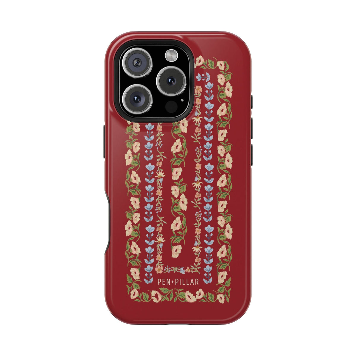 Fiona iPhone case in red with floral pattern and blue accents, designed for protection and style.