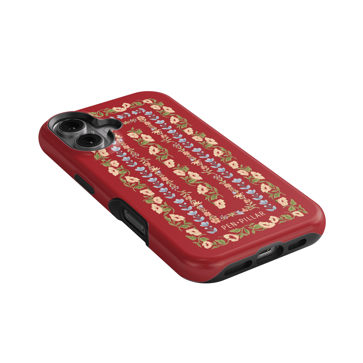 Fiona iPhone case in red with floral pattern, featuring various colorful flowers and a sleek design.