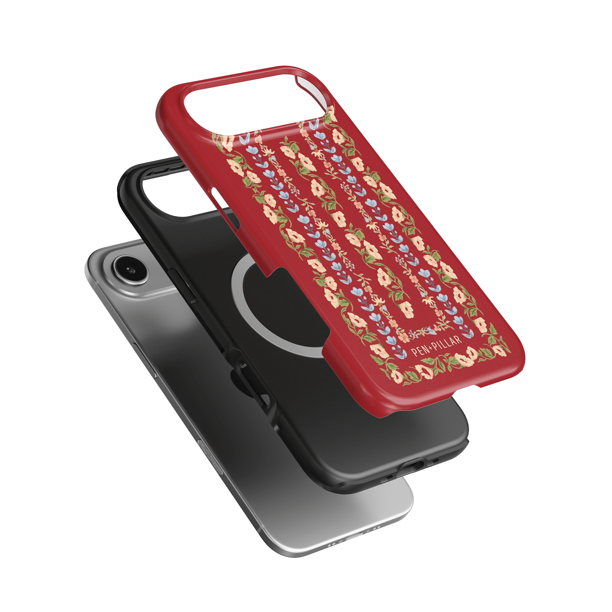 Fiona iPhone case featuring a red design with colorful floral patterns, layered over a black and silver phone.