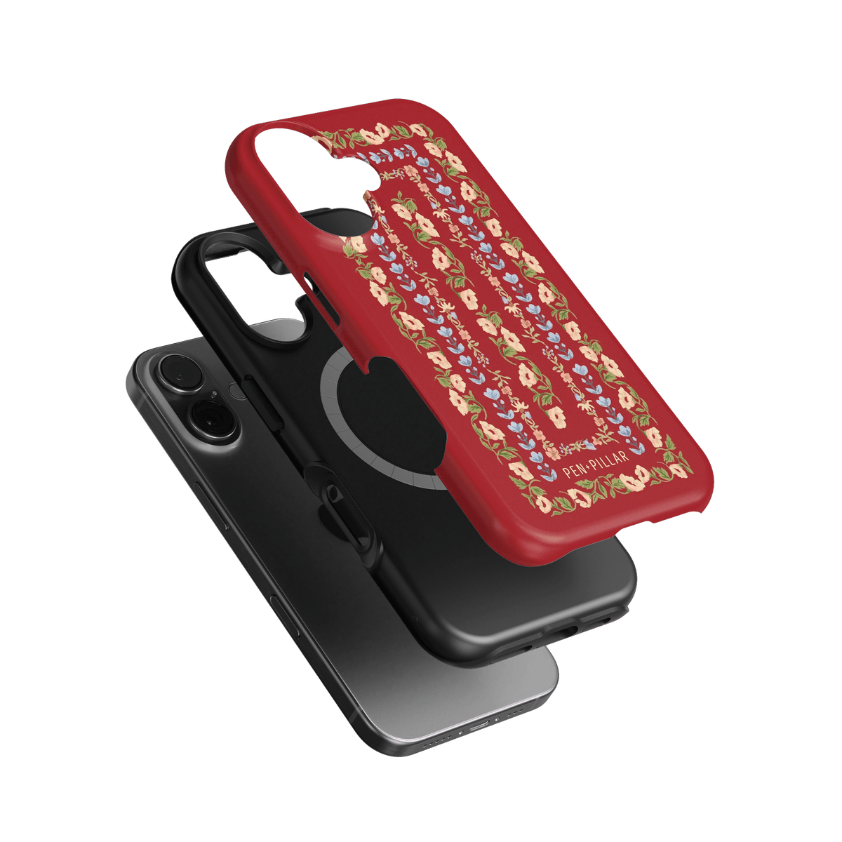 Fiona iPhone case featuring a red floral design with gold accents, layered over a black phone case.