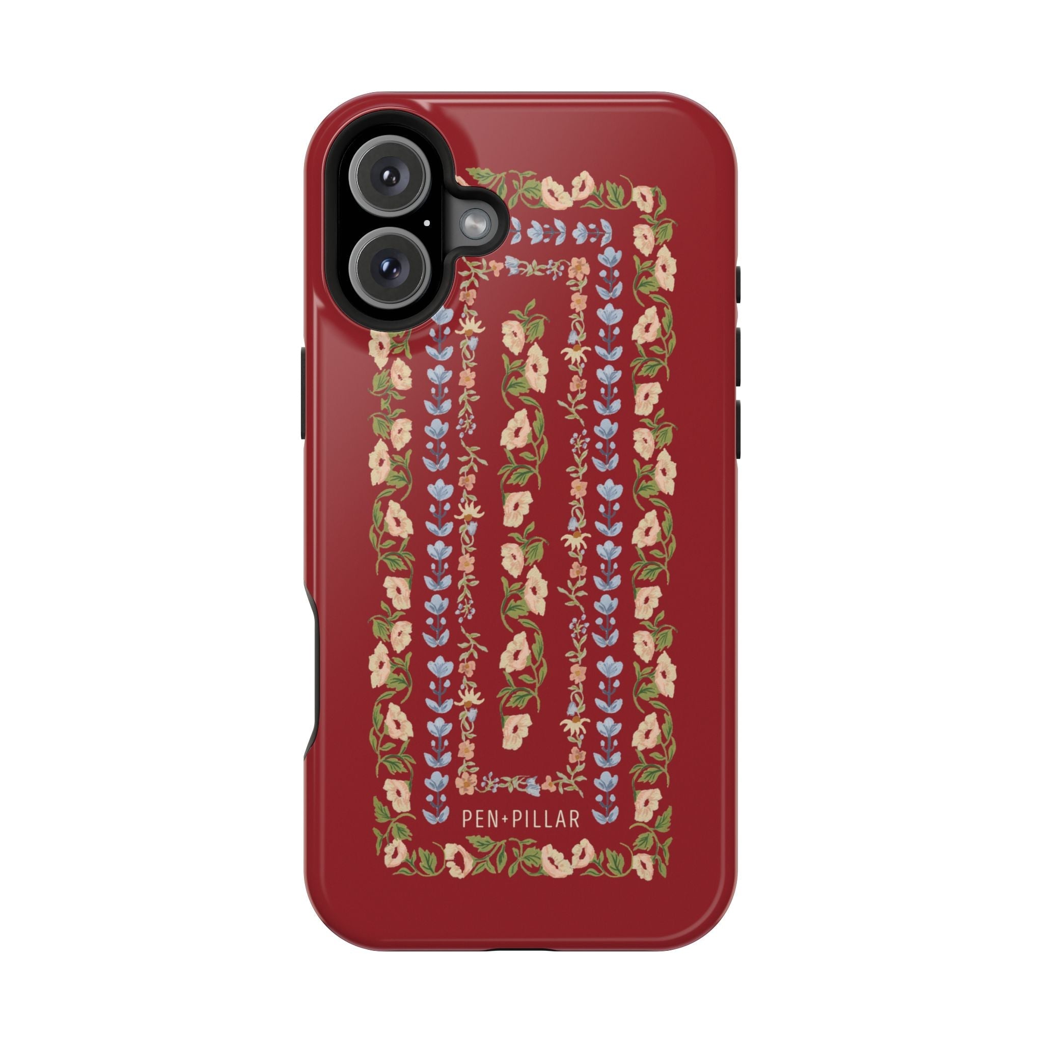 Fiona iPhone case featuring a floral design on a red background with a glossy finish.