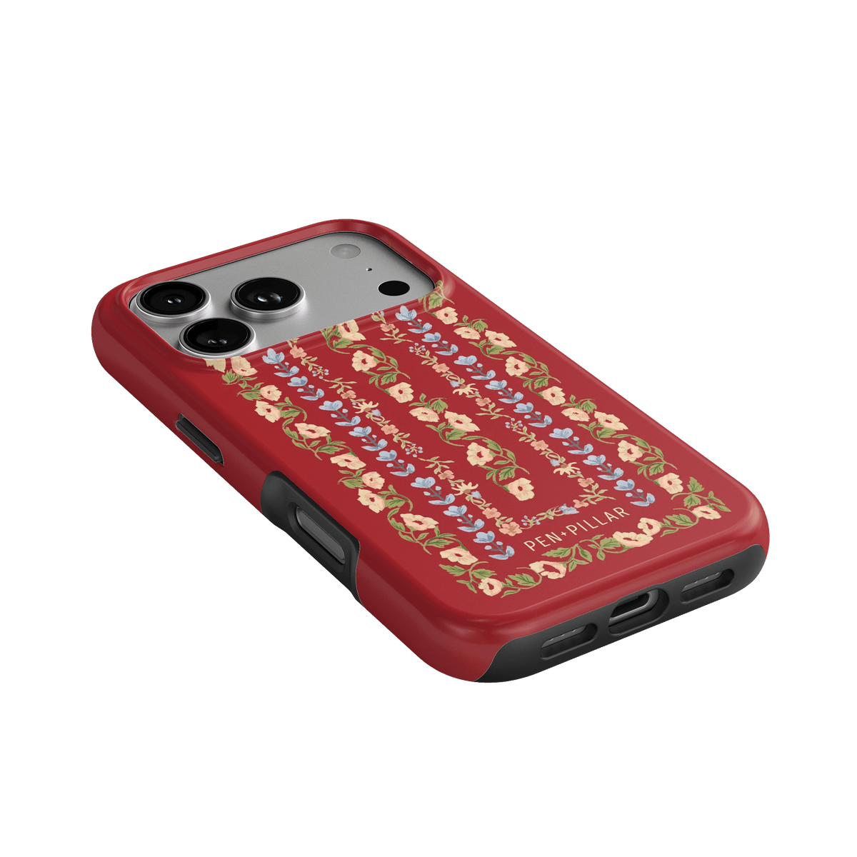 Fiona iPhone case featuring a red background with floral patterns in various colors and cutouts for camera and ports.