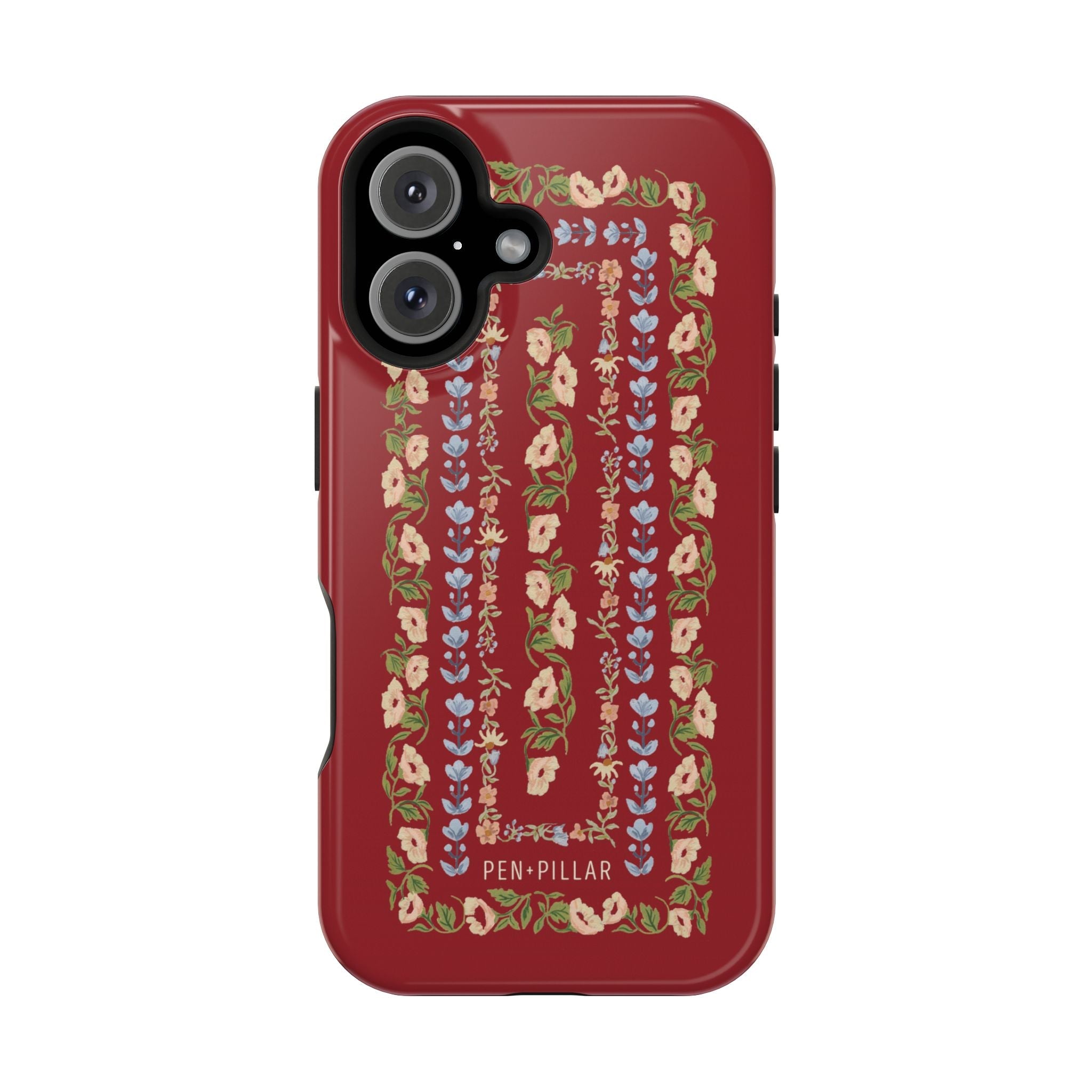 Fiona iPhone case featuring a floral design on a red background with blue and pink accents.