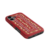 Fiona iPhone case featuring a red background with floral patterns in pink, blue, and yellow colors.
