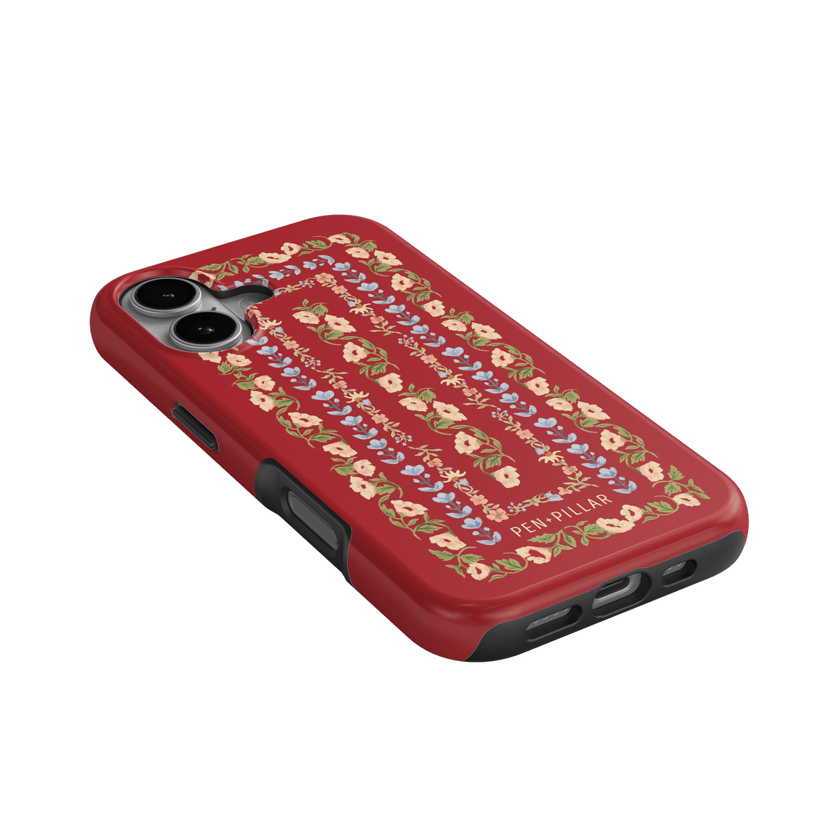 Fiona iPhone case featuring a red background with floral patterns in pink, blue, and yellow colors.