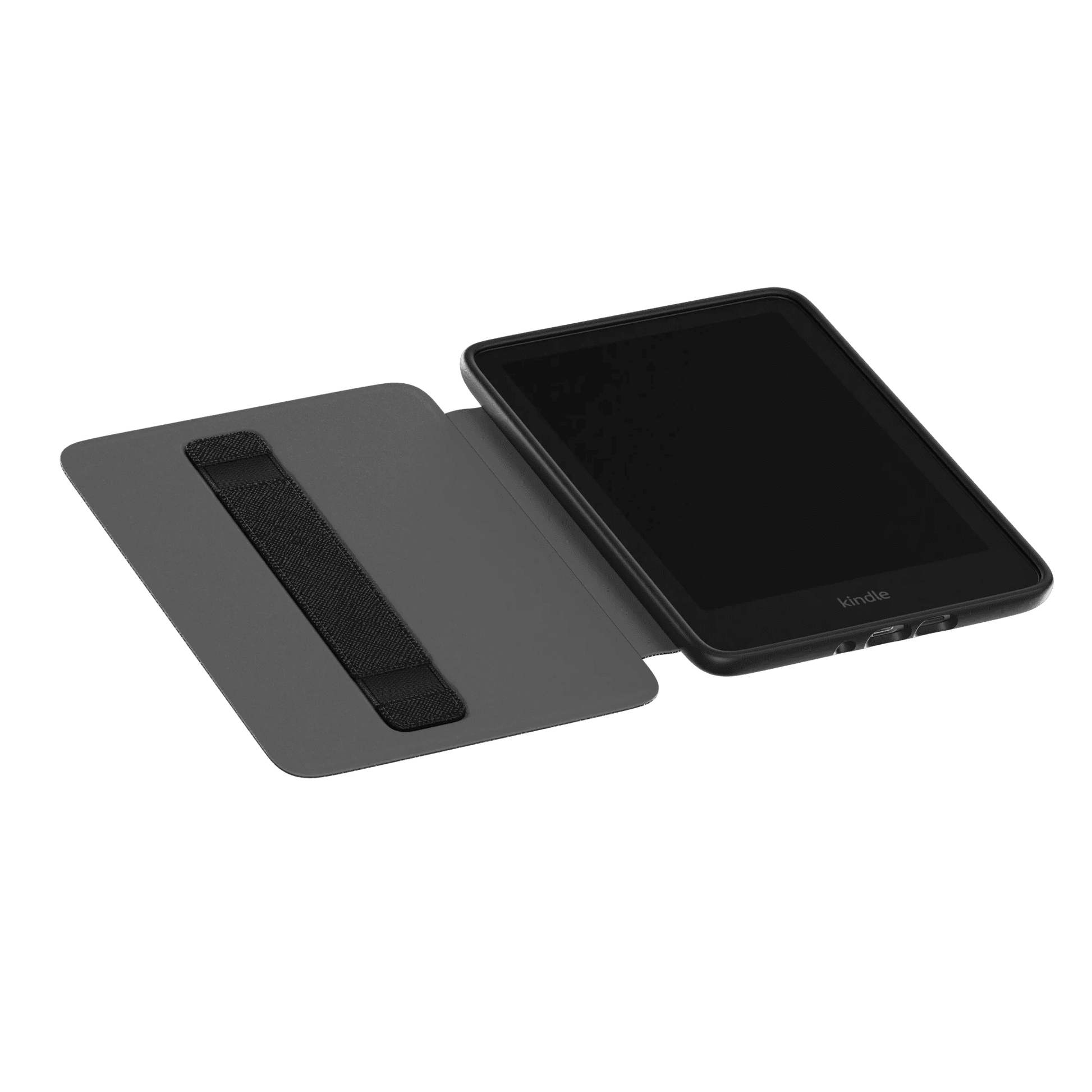Fiona Kindle case in black, open with a Kindle device inside, showing the screen and elastic strap for secure closure.