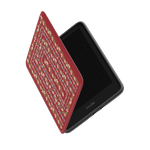 Fiona Kindle case with a red cover featuring a colorful geometric pattern, partially open to show the device inside.