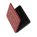 Fiona Kindle case with a red cover featuring a colorful geometric pattern, partially open to show the device inside.