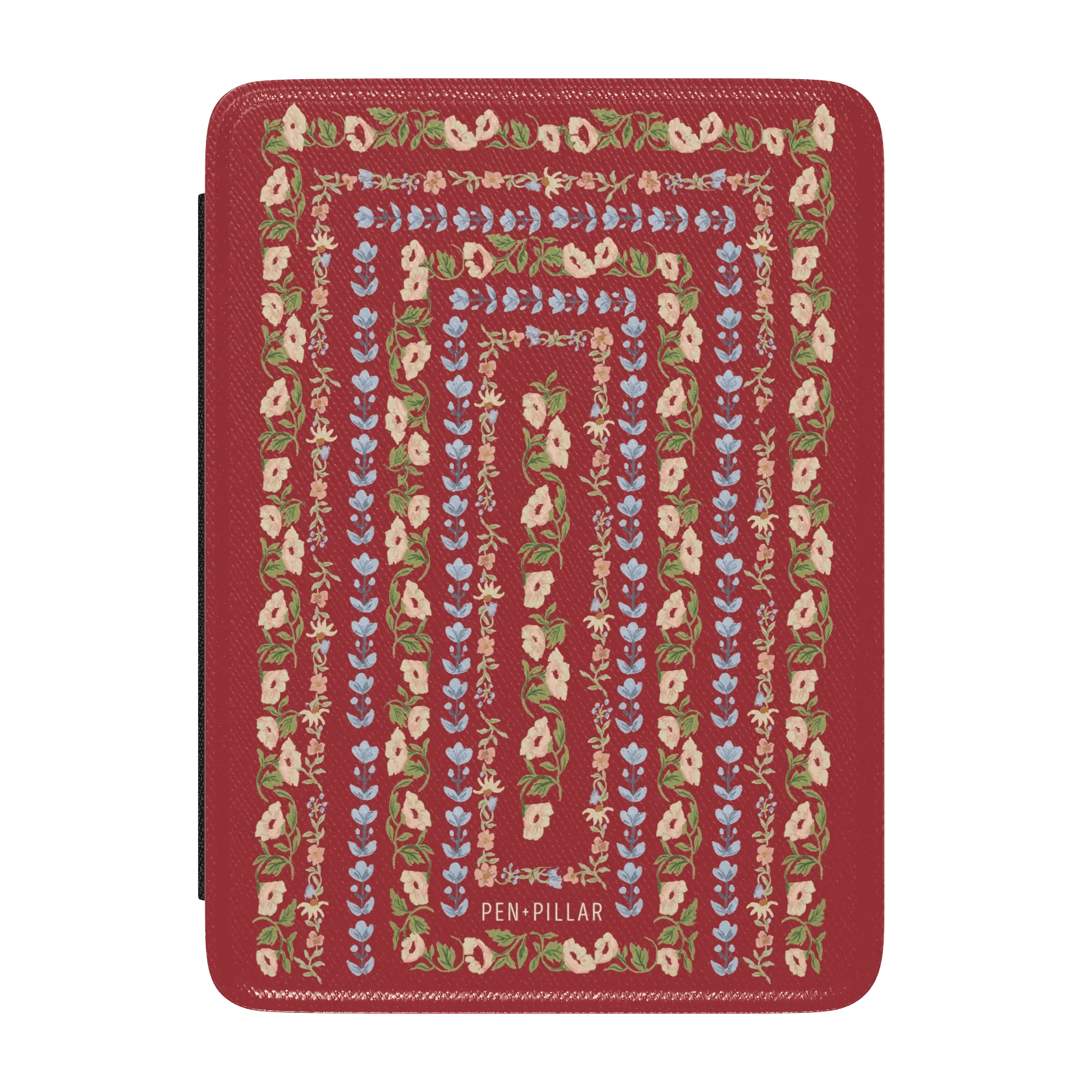 Fiona Kindle case featuring a red background with floral patterns in pink, blue, and green.
