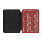 Fiona Kindle case with a red floral design, open to display the interior and textured black lining.