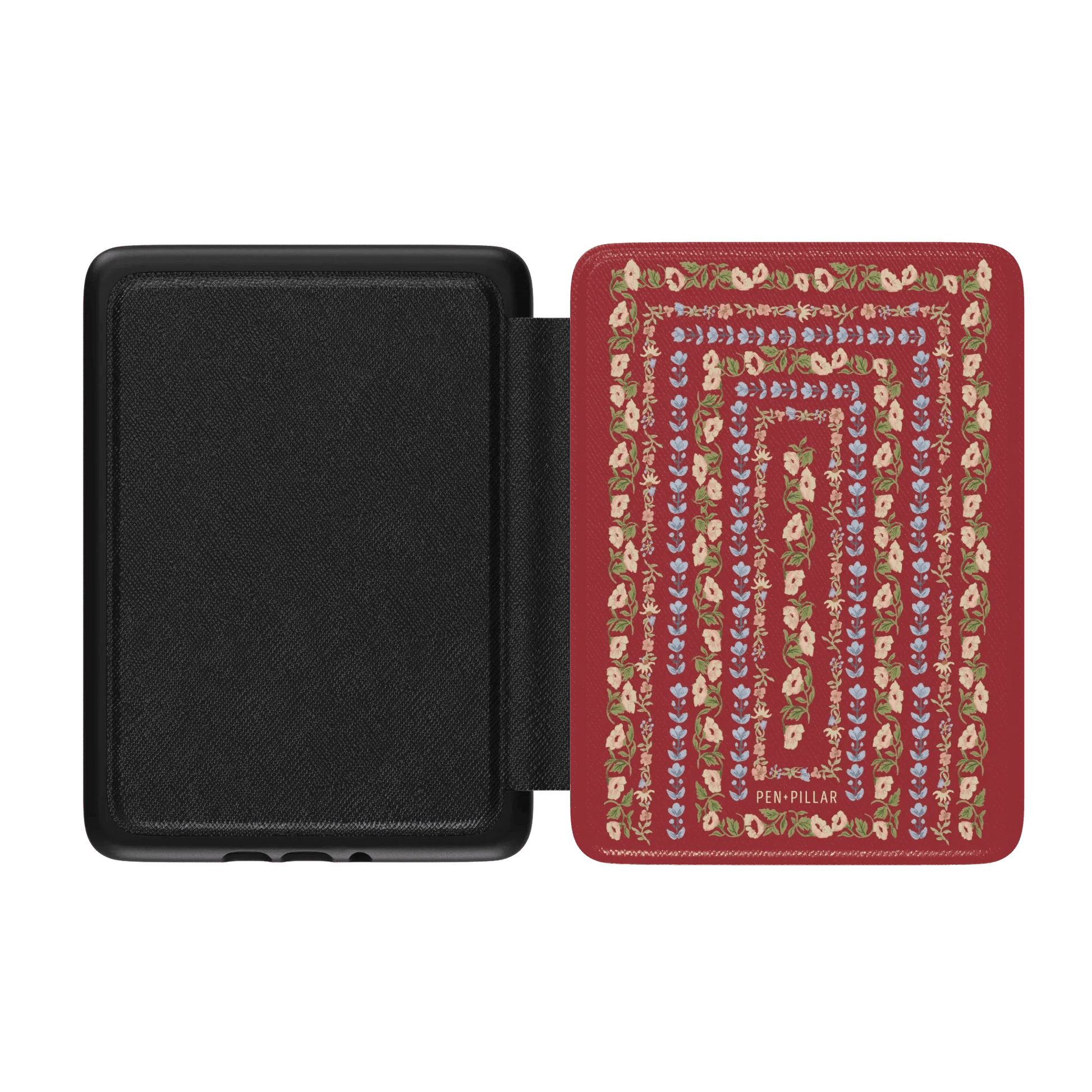 Fiona Kindle case with a red floral design, open to display the interior and textured black lining.