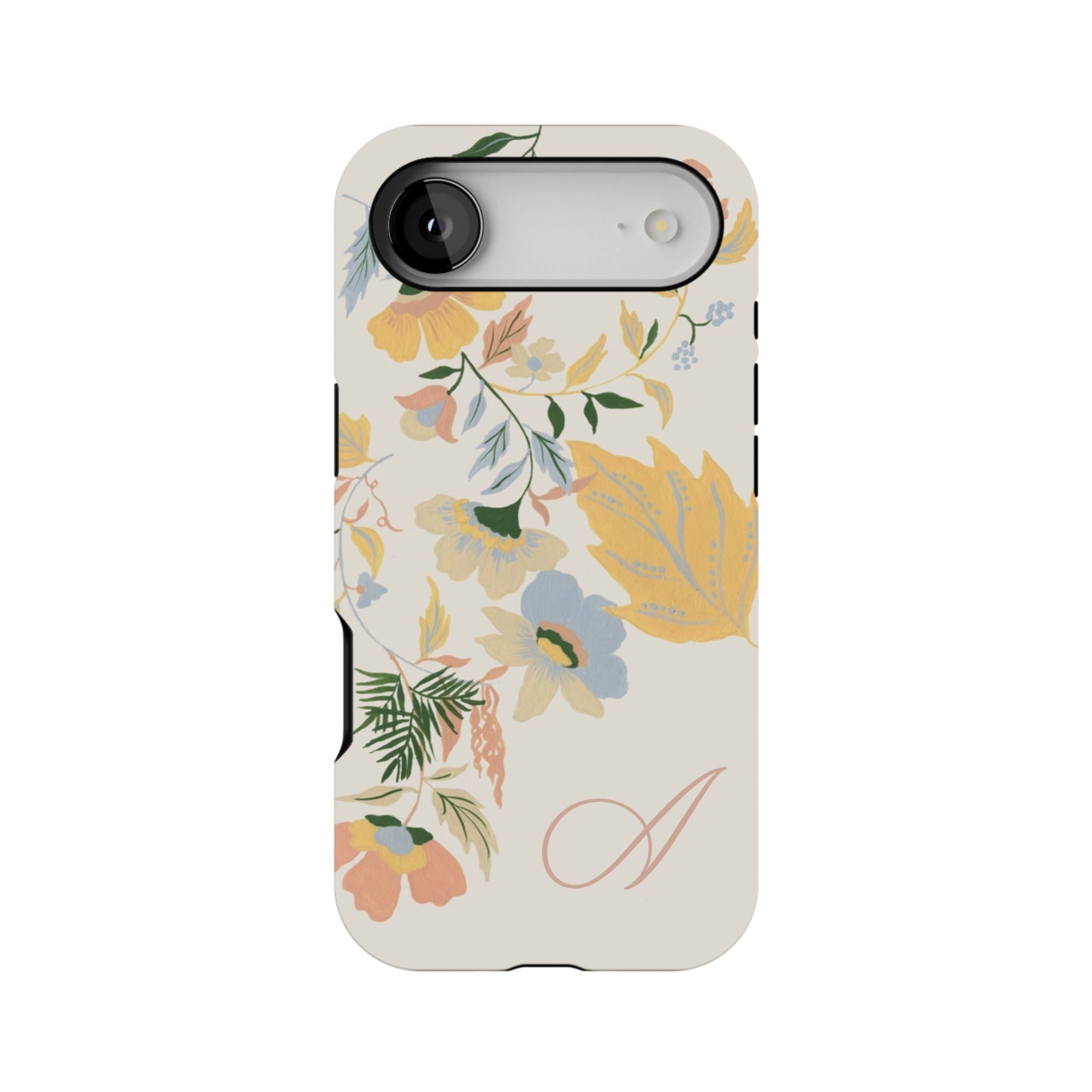 Fleur personalized iPhone case featuring floral designs in pastel colors with a monogrammed letter "A".