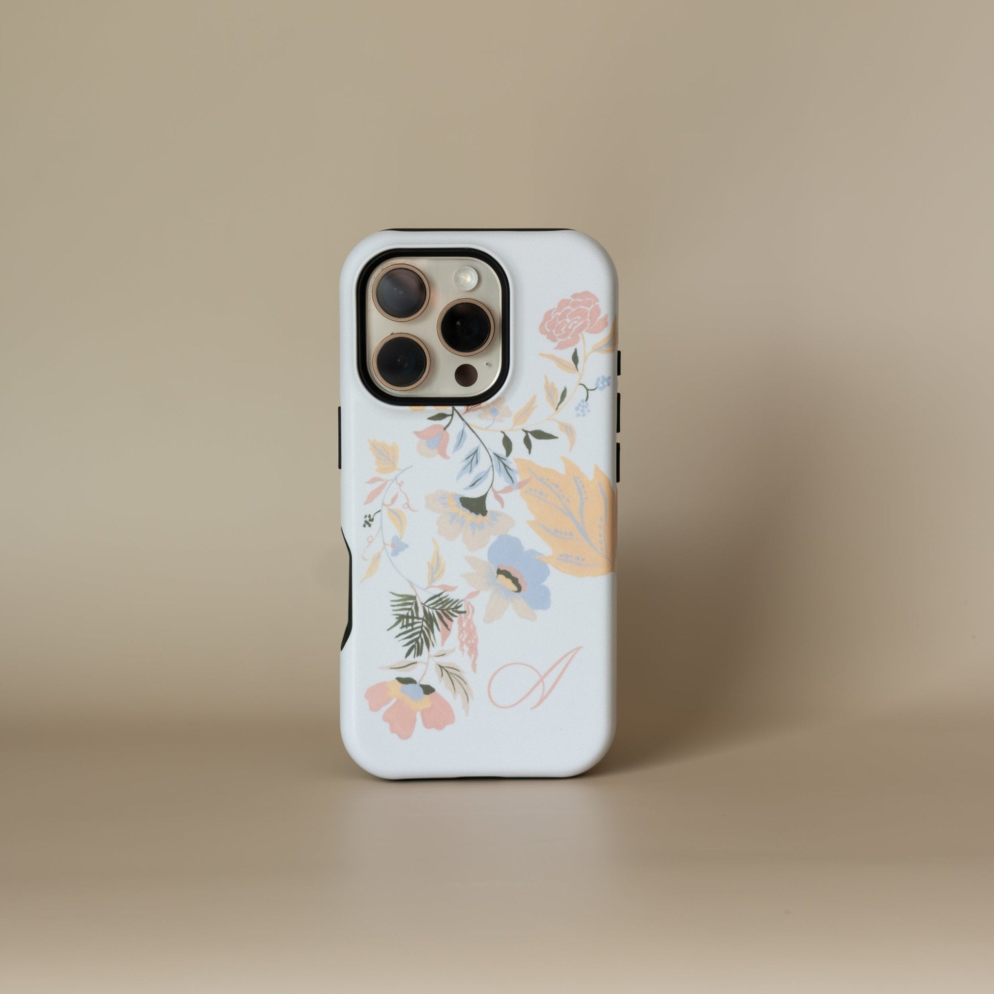 Fleur personalized iPhone case featuring a floral design with pastel colors on a white background.