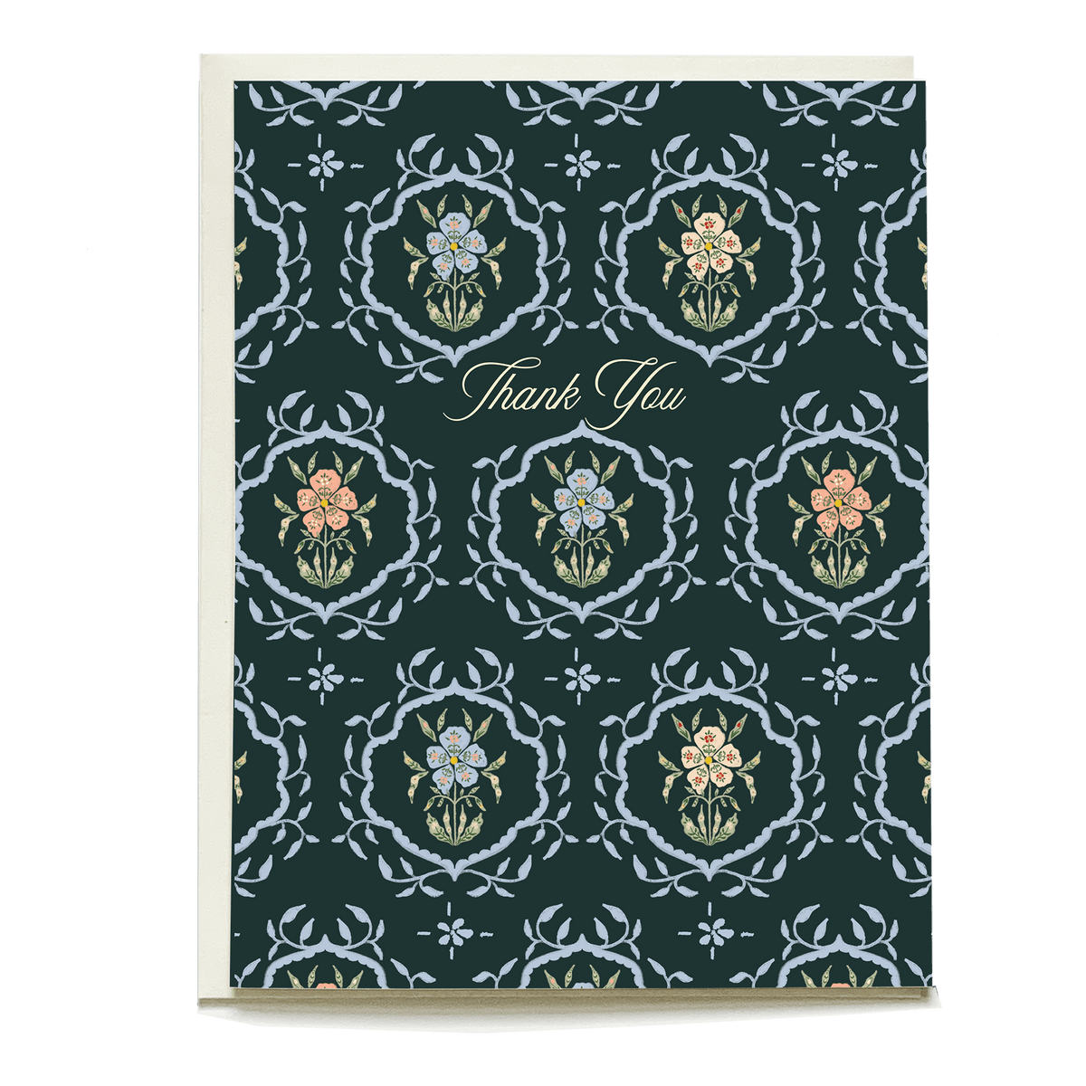 Flourish thank you card featuring floral patterns in blue, green, and pastel colors with gold text.