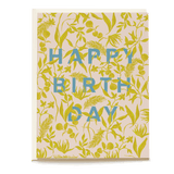Foliage birthday card featuring a floral design with green leaves and blue text saying "Happy Birthday.