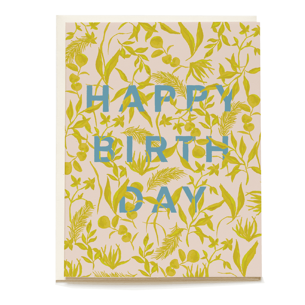 Foliage birthday card featuring a floral design with green leaves and blue text saying "Happy Birthday.