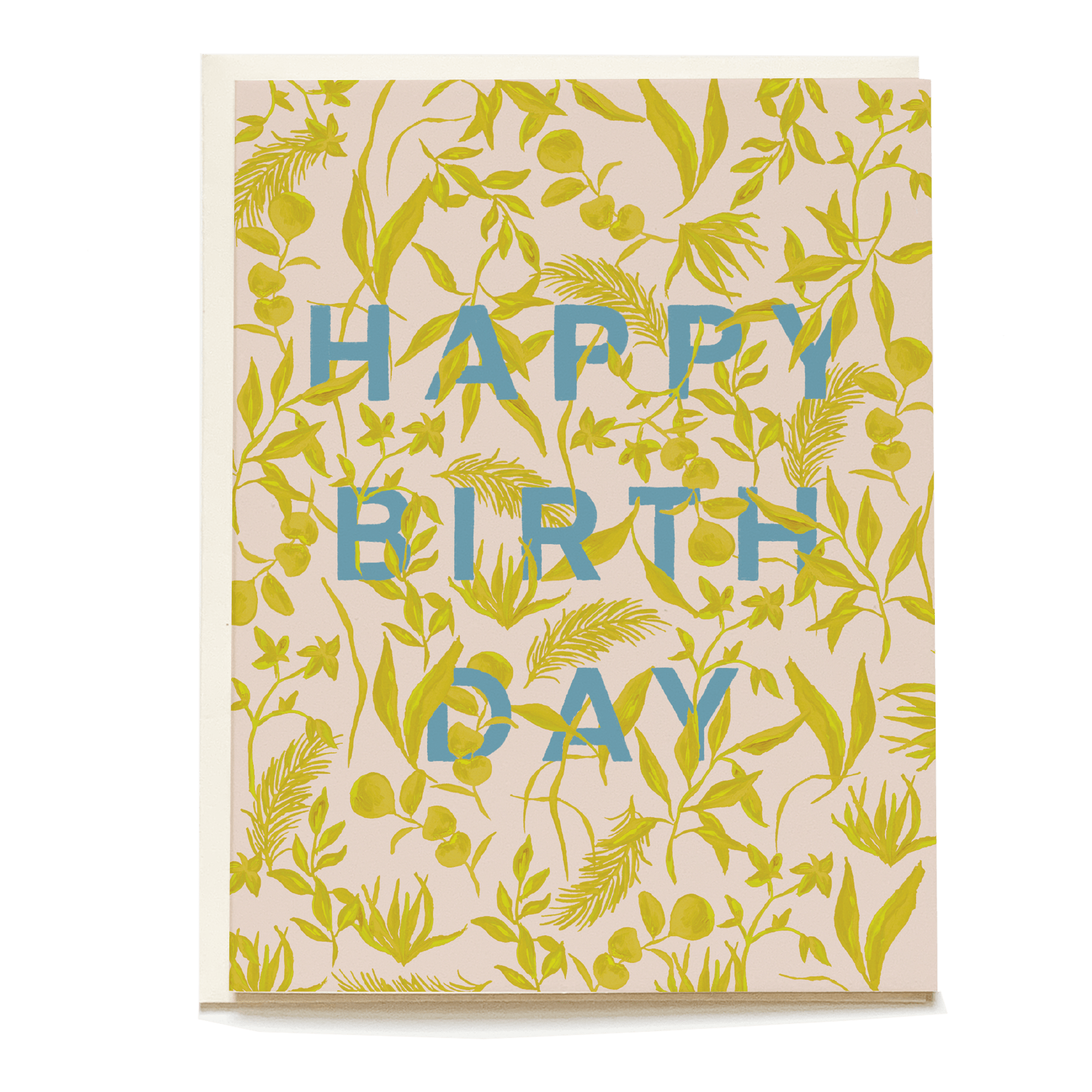 Foliage birthday card featuring a floral design with green leaves and blue text saying "Happy Birthday.