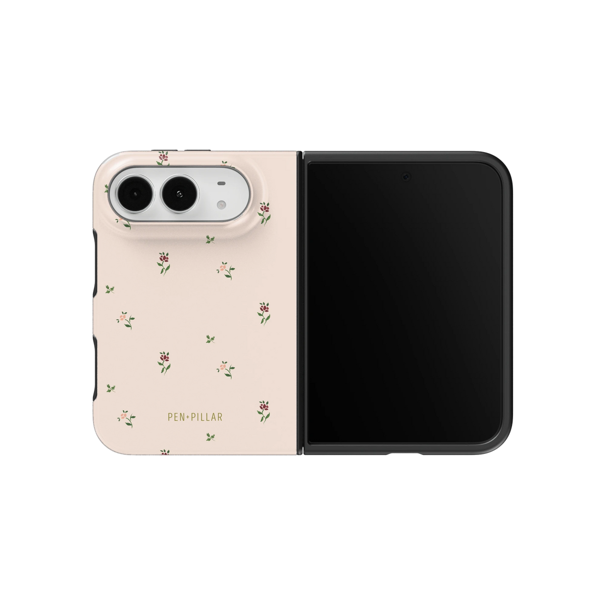 Forage iPhone 18 Duo case on an unfolded iPhone 18 Duo, back and screen side by side: tiny scattered wildflowers on blush