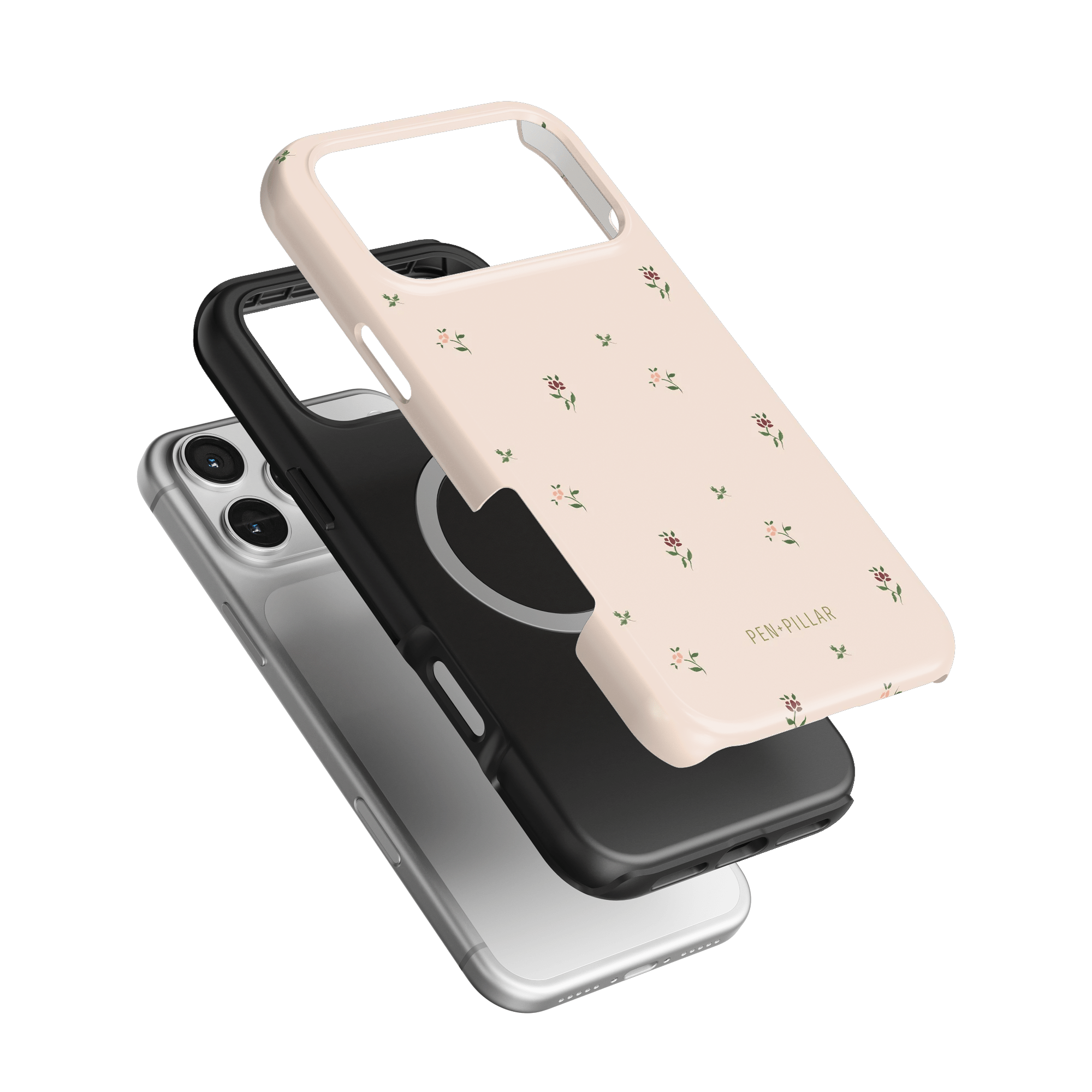 Forage iPhone case featuring a floral design, stacked with a black and clear case, on a green background.