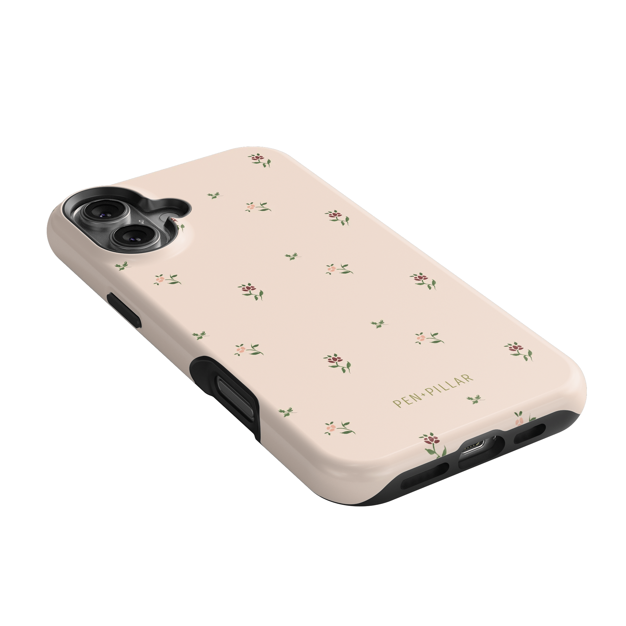 Forage iPhone case in soft pink with small floral patterns and black accents, angled view showing camera cutout.