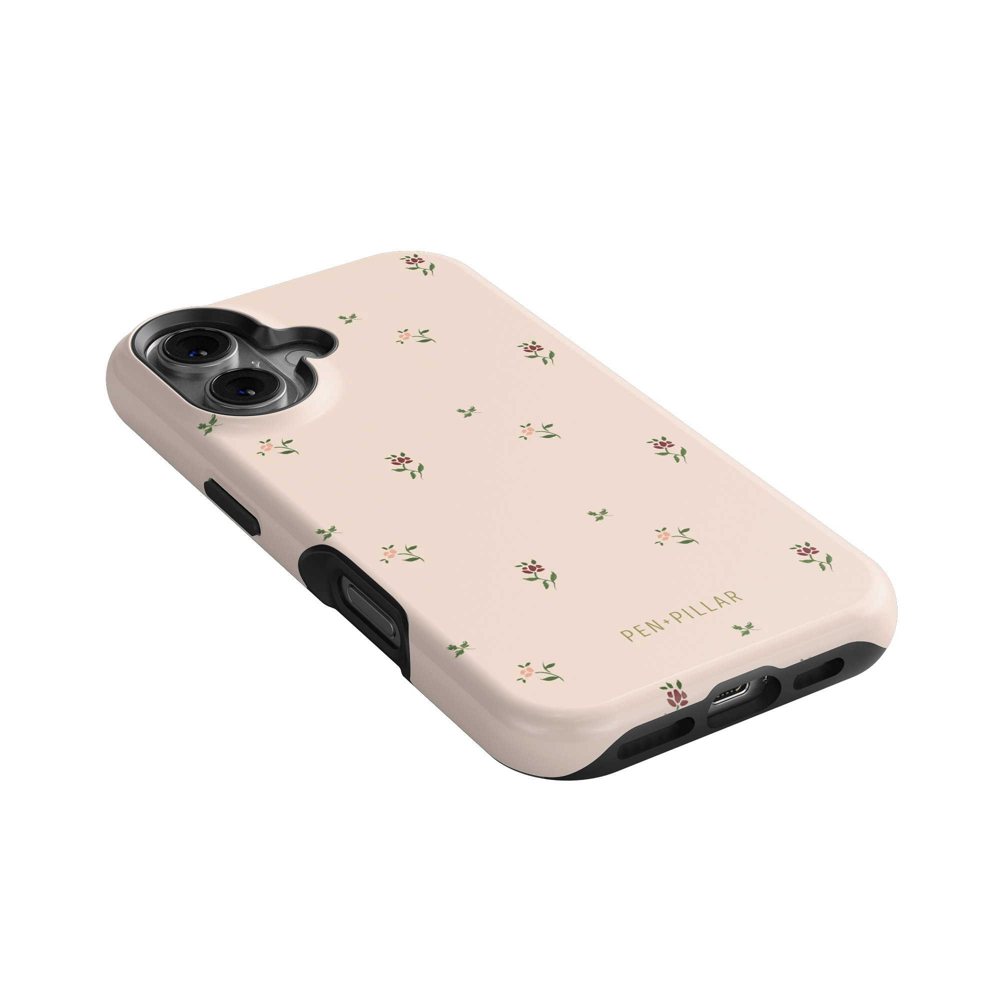 Forage iPhone case with a light pink background and small floral patterns, showing side and back angles.