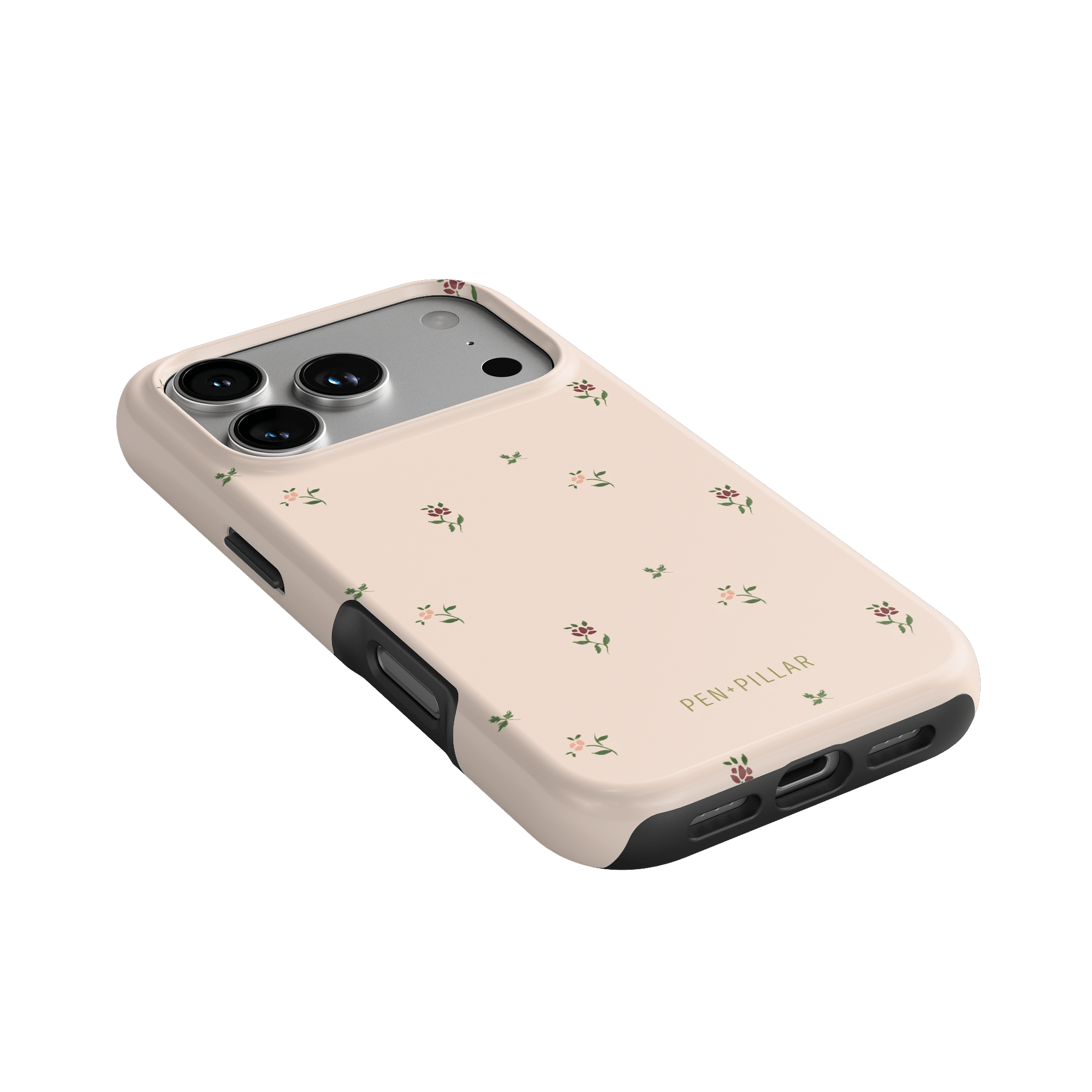 Forage iPhone case in light pink with floral patterns and black edges, showcasing camera cutouts and ports.