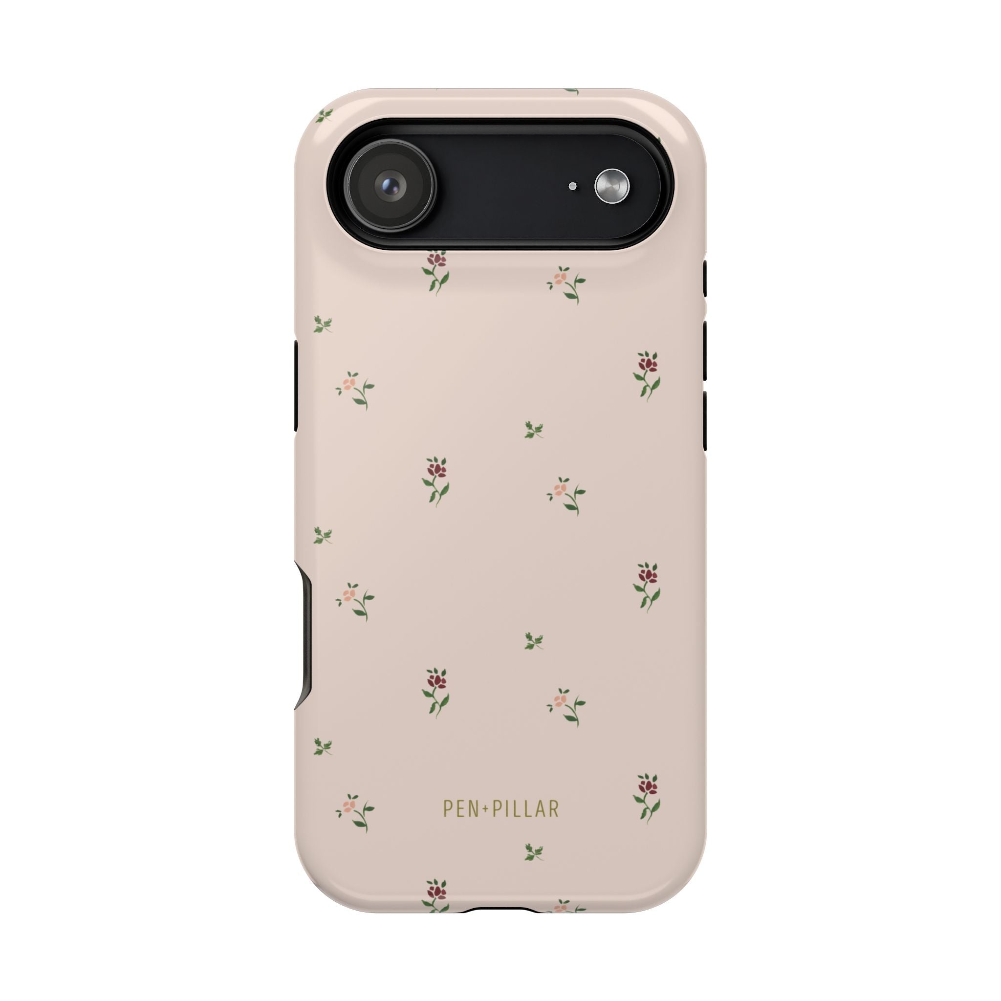 Forage iPhone case featuring a light pink background with small floral patterns and the brand name at the bottom.