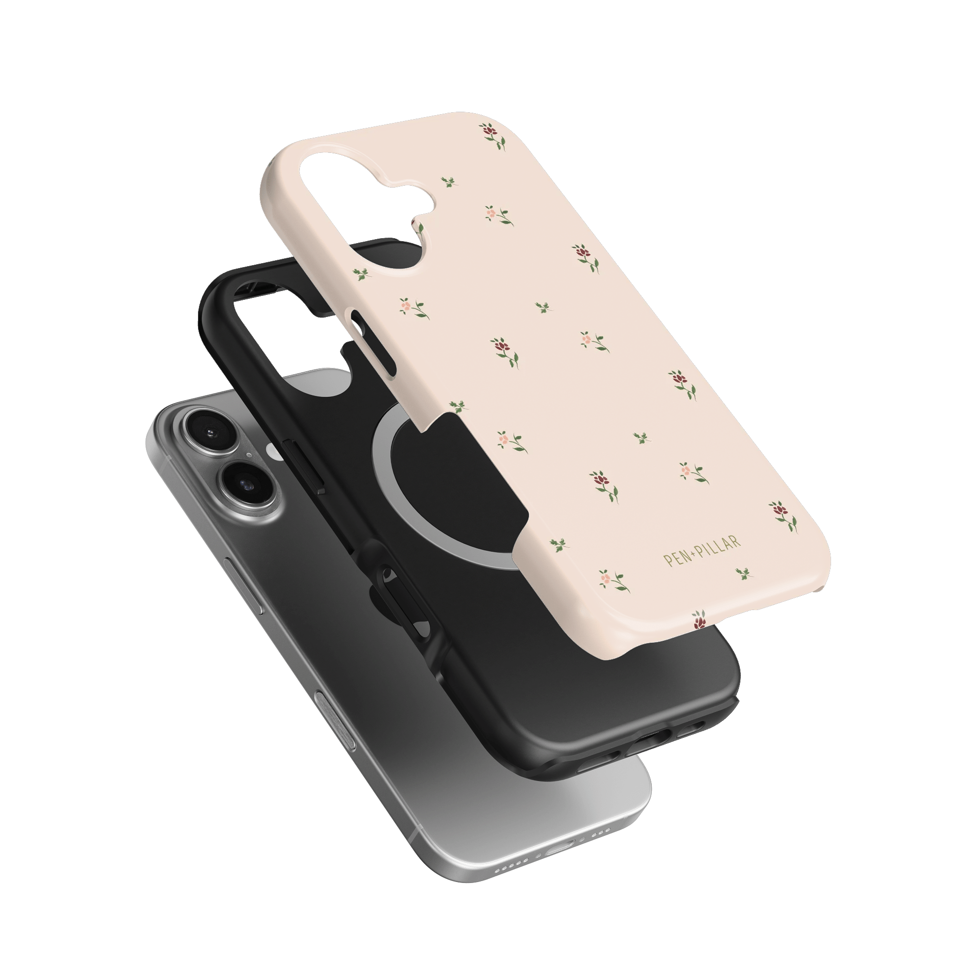 Forage iPhone case featuring a light pink floral design, stacked with a black and silver case.