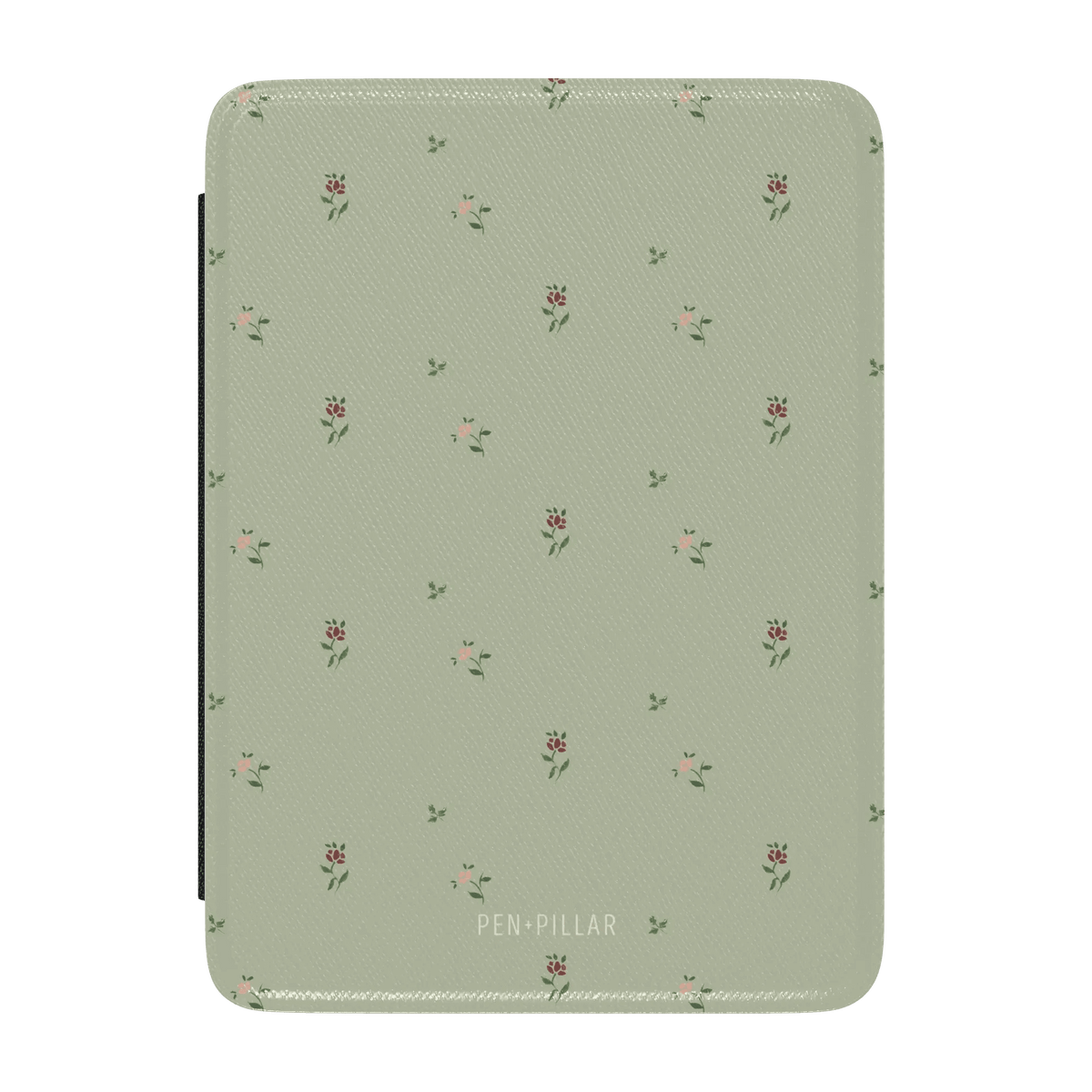 Forage Kindle case in light green with small floral patterns and the brand name "PEN-PILLAR" at the bottom.