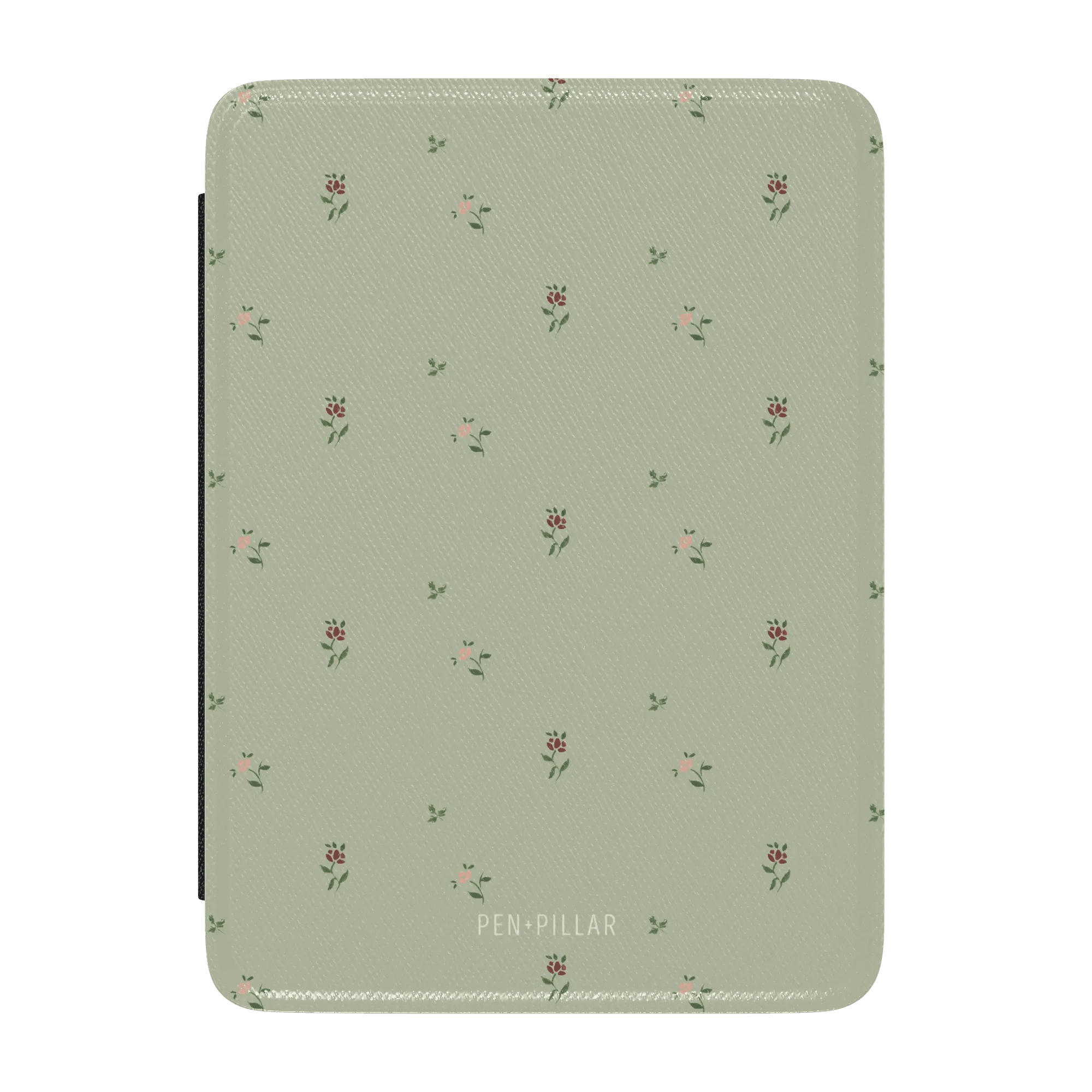 Forage Kindle case in light green with small floral patterns and the brand name "PEN-PILLAR" at the bottom.