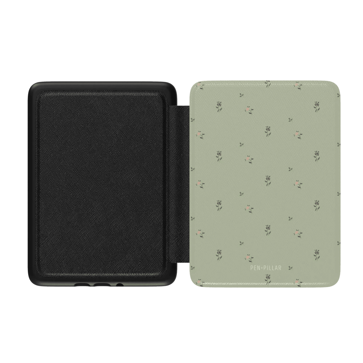 Forage Kindle case in light green with floral pattern, open to show black interior and brand name "PEN-PILLAR.