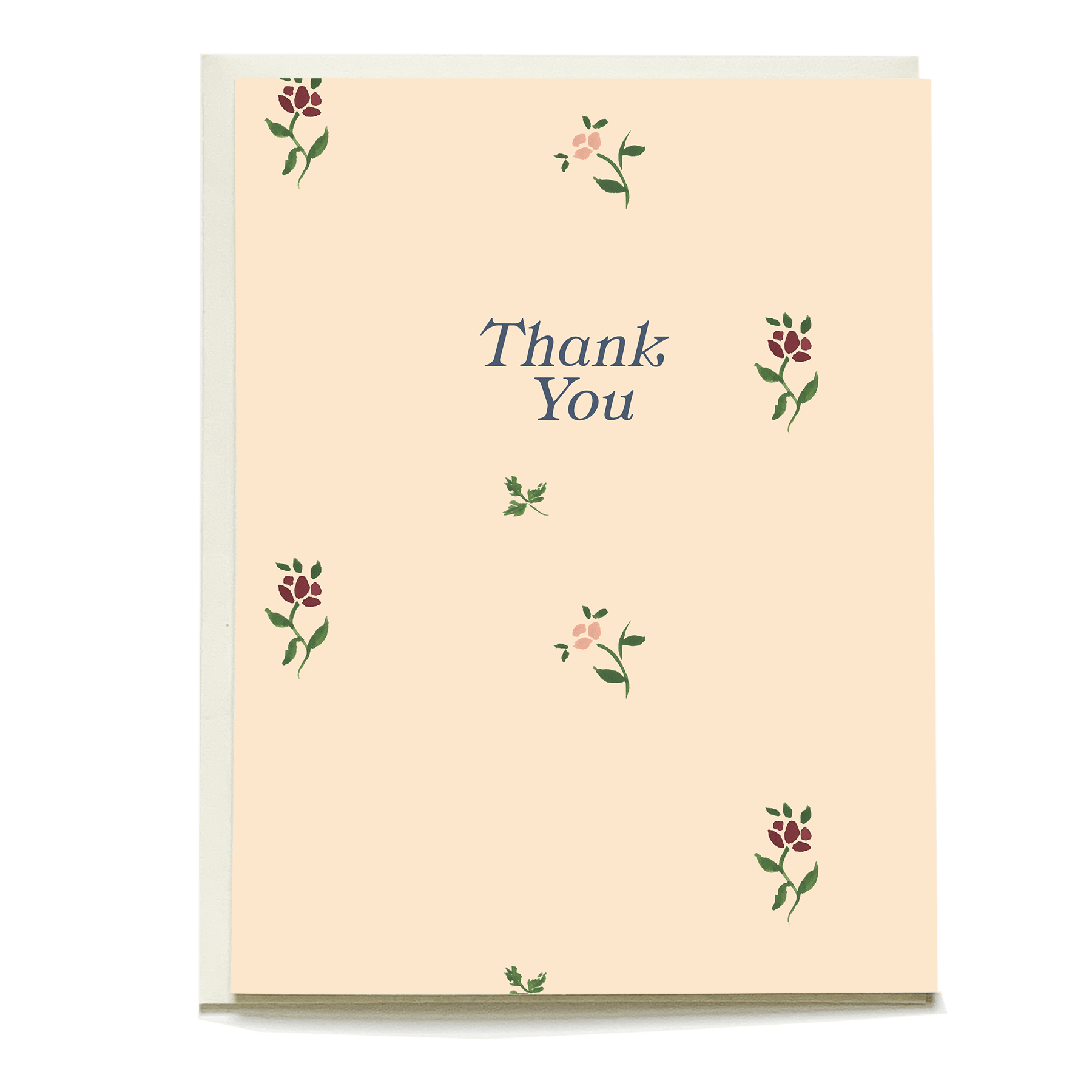 Forage thank you card featuring a light peach background with floral designs and "Thank You" text in blue.