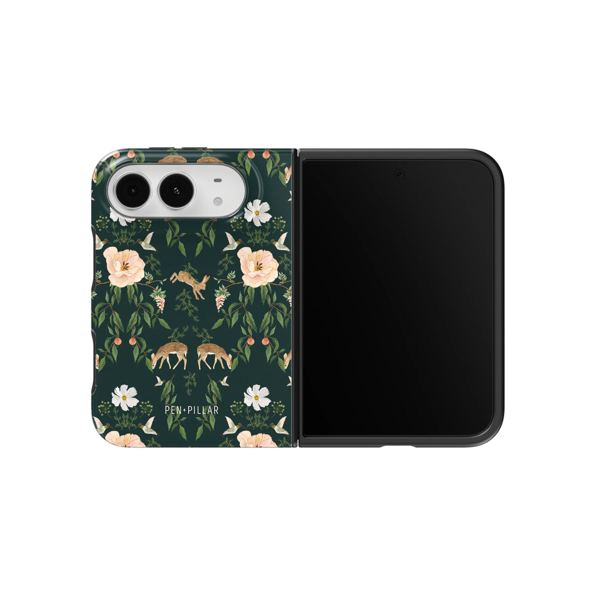 Forest iPhone 18 Duo case on an unfolded iPhone 18 Duo, back and screen side by side: deer, blush blooms and ferns on deep green