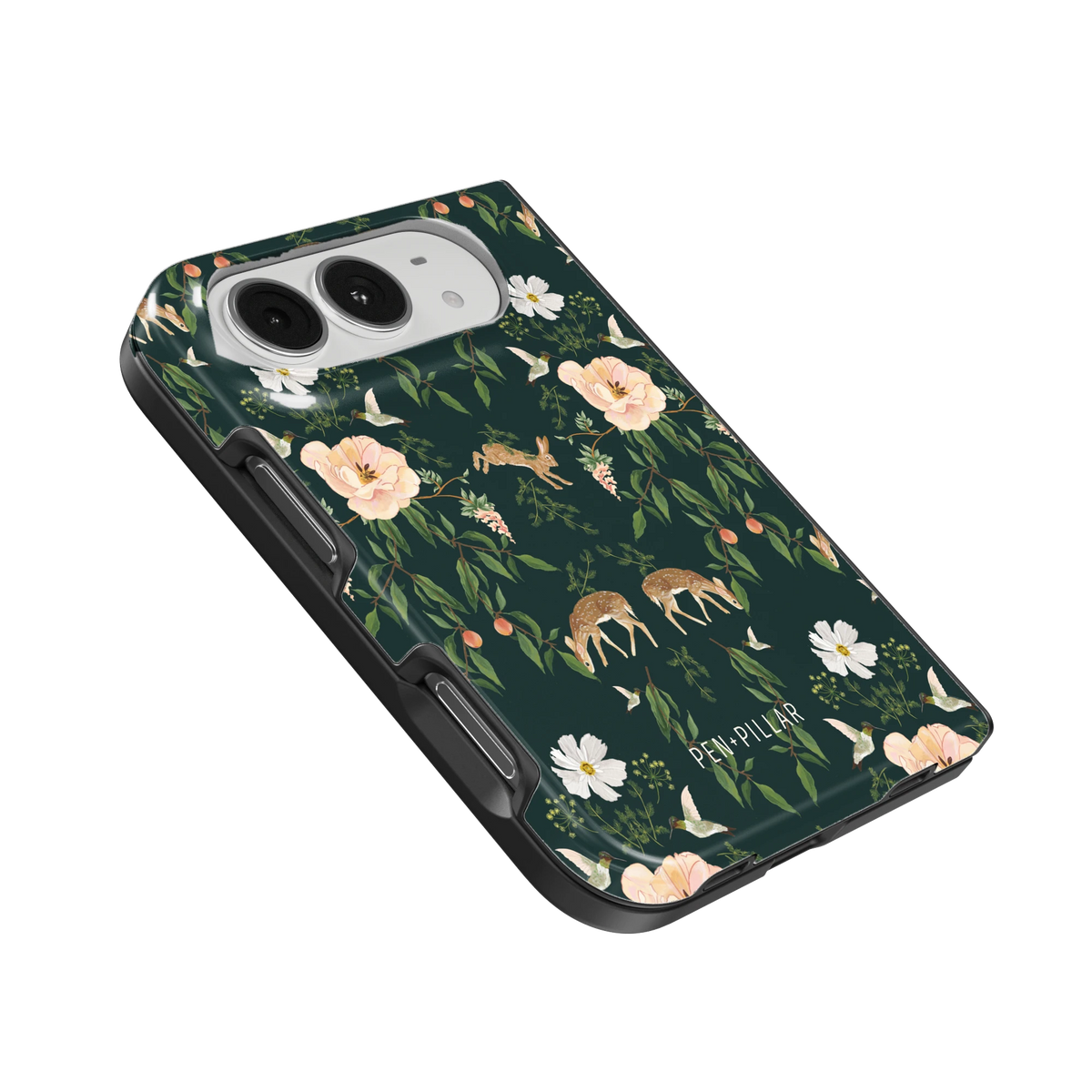 Forest iPhone 18 Duo case, angled view showing the camera surround and side buttons