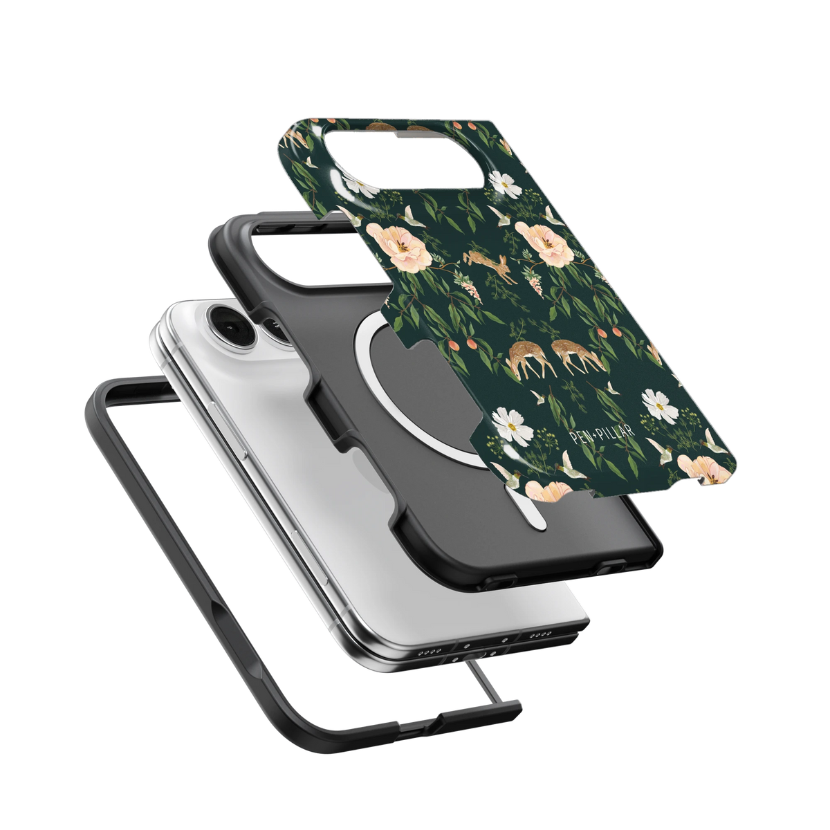 Forest iPhone 18 Duo case, exploded view of the printed shell, black inner layer with MagSafe ring, and phone
