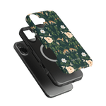 Forest iPhone case featuring a floral and deer design on a dark green background, layered over a black phone case.