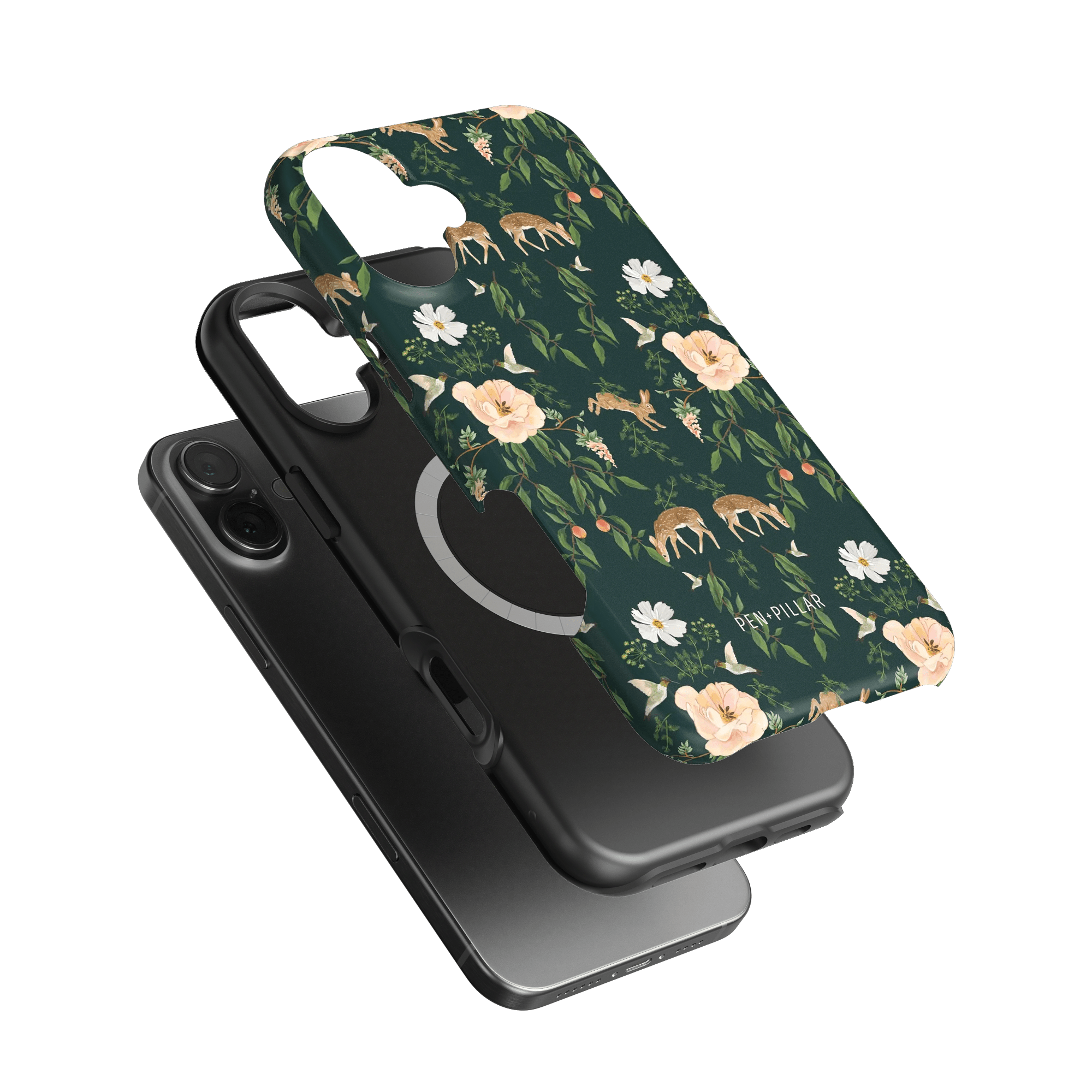 Forest iPhone case featuring a floral and deer design on a dark green background, layered over a black phone case.