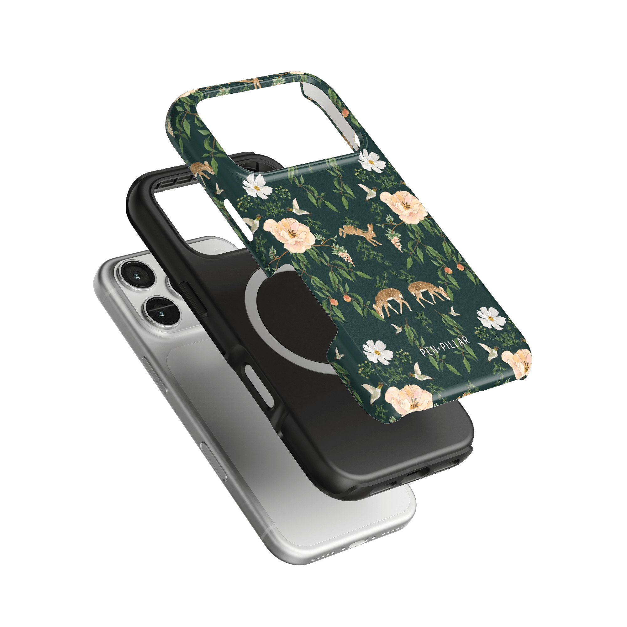Forest iPhone case featuring a floral design with deer, layered over black and silver cases on a green background.