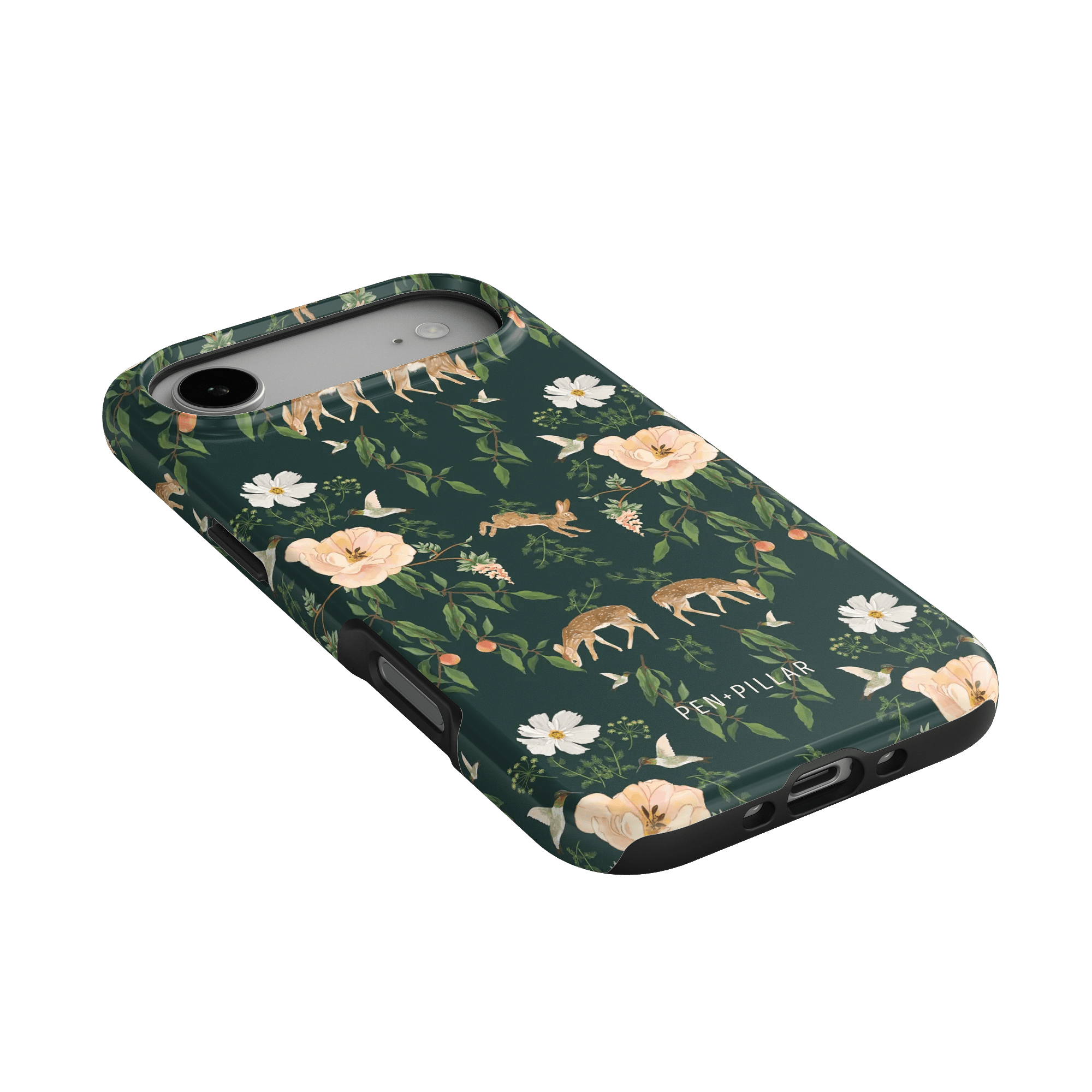 Forest iPhone case featuring a dark green background with floral patterns and deer illustrations.