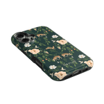 Forest iPhone case featuring a dark green background with floral and deer patterns.