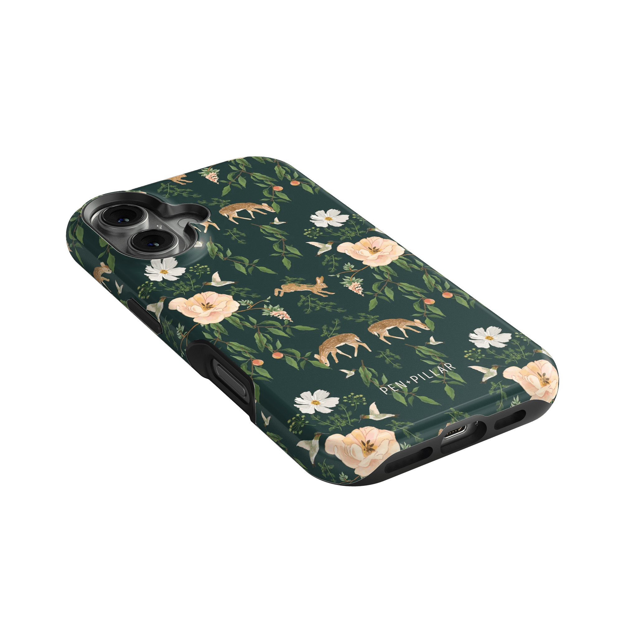 Forest iPhone case featuring a dark green background with floral and deer patterns.