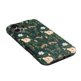 Forest iPhone case featuring a dark green background with floral and deer patterns.