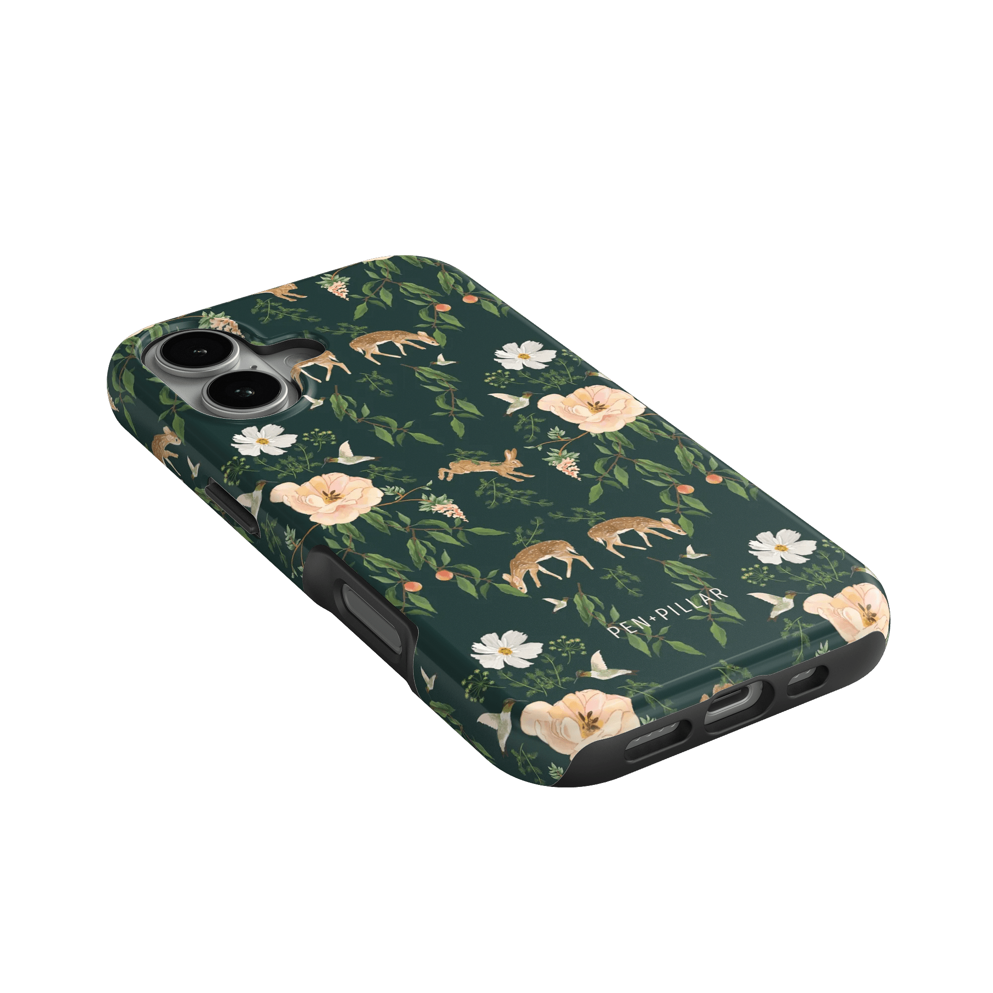 Forest iPhone case featuring a dark green background with floral patterns and deer illustrations.