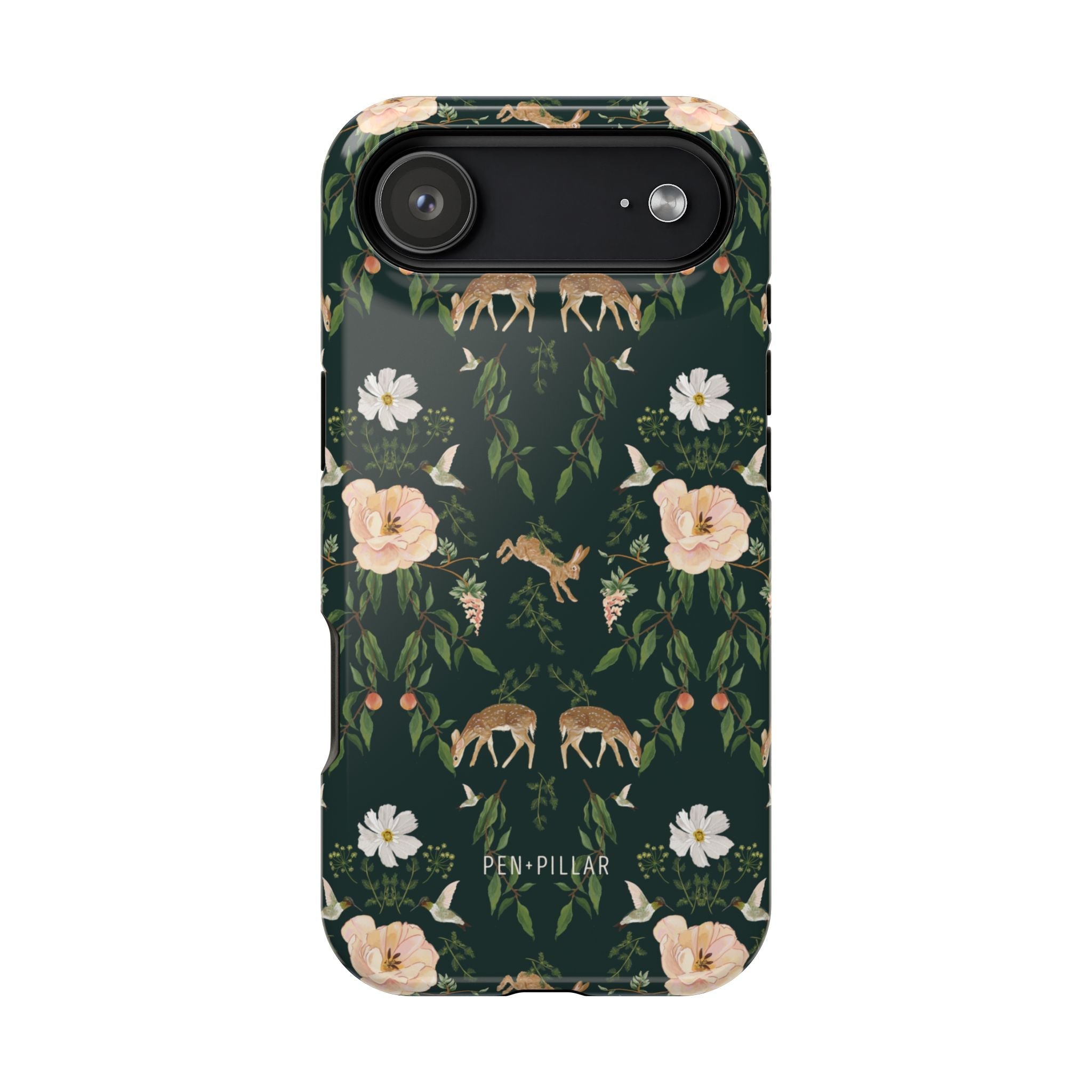Forest iPhone case featuring floral and animal designs in green, with deer and white flowers on a dark background.
