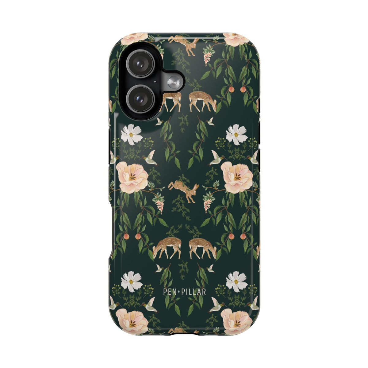 Forest iPhone case featuring a dark green background with floral and deer patterns.