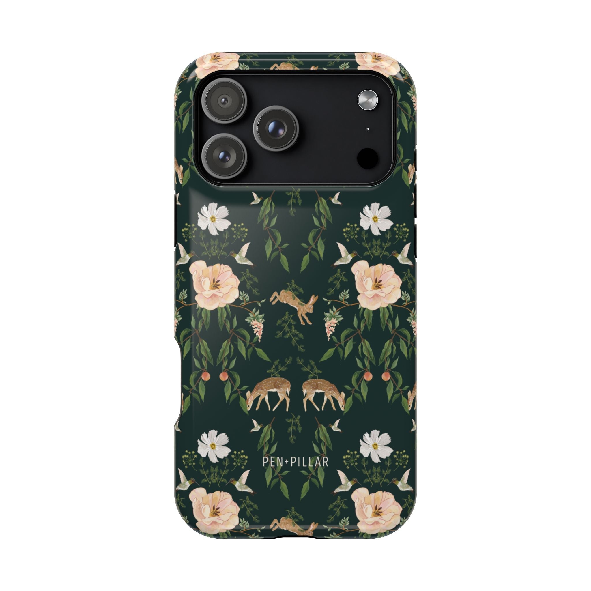 Forest iPhone case featuring floral and animal patterns in green, pink, and white colors.