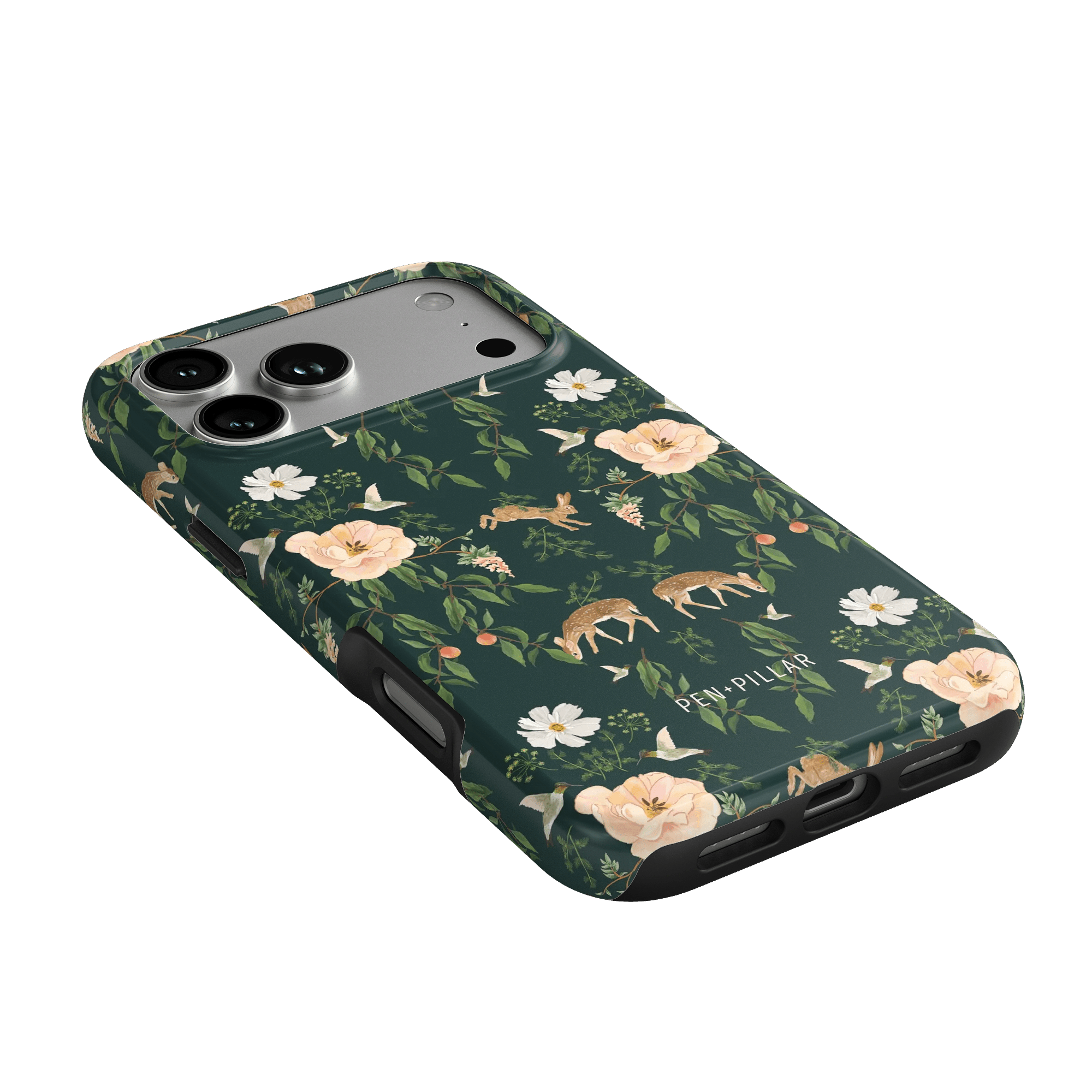Forest iPhone case featuring floral and deer patterns on a dark green background, angled to show the camera cutout.
