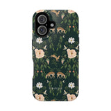 Forest iPhone case featuring a dark green background with floral patterns and deer illustrations.